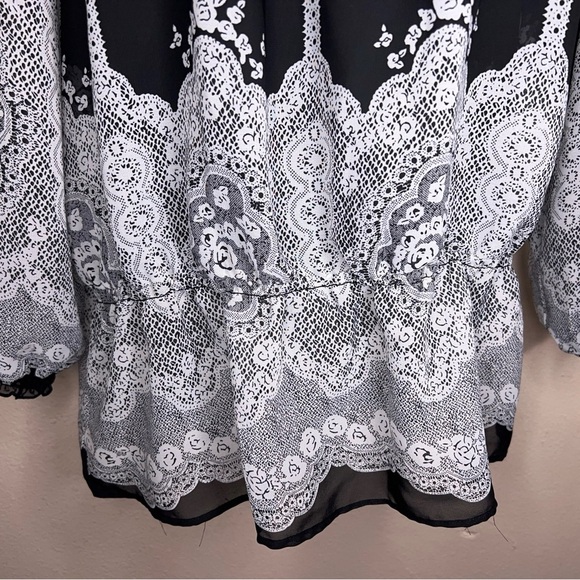 Medium Notations Black White Lace Print Blouse Peasant Semi Sheer Goth - Picture 5 of 16